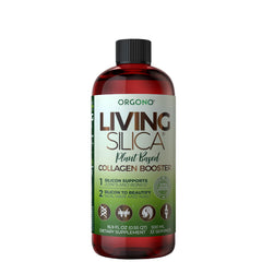 Living Silica plant-based collagen booster bottle and packaging on white background