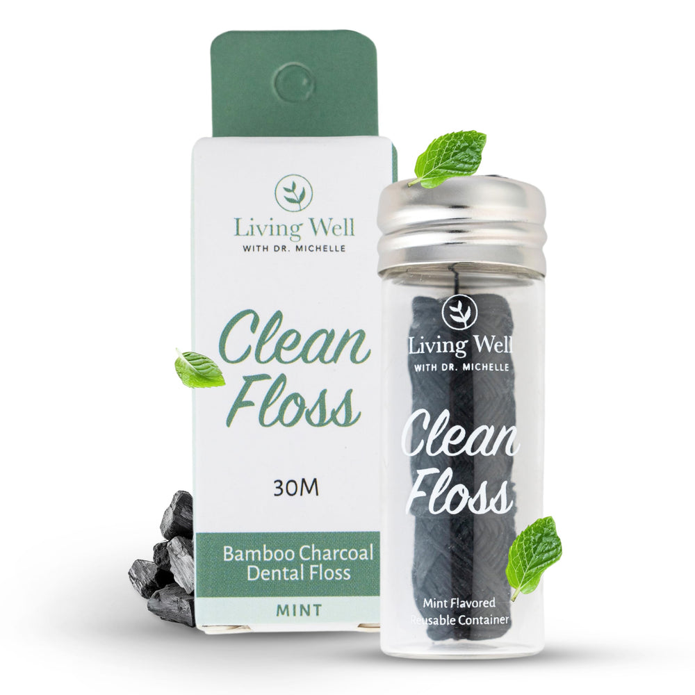 Living Well bamboo charcoal dental floss in a glass jar