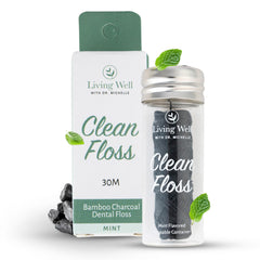 Living Well bamboo charcoal dental floss in a glass jar
