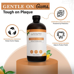 Close-up of mouthwash bottle with citrus and natural ingredients