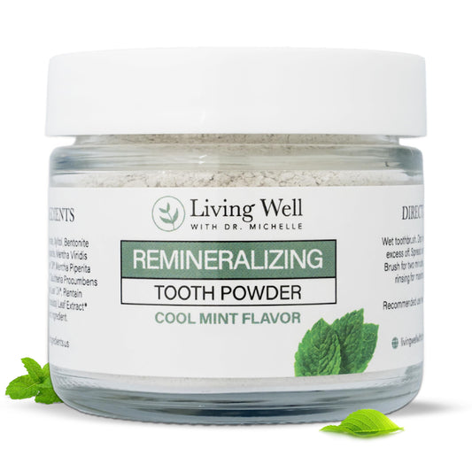Living Well remineralizing tooth powder hero image featuring Dr. Michelle