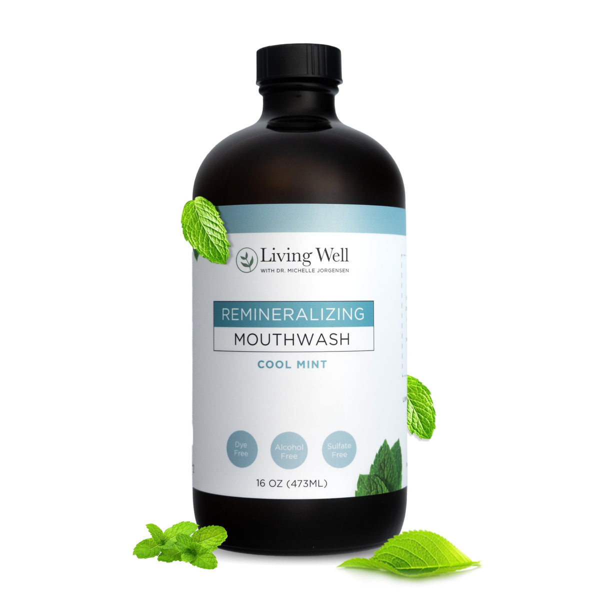Living Well Mouthwash bottle with hydroxyapatite and colloidal silver on label