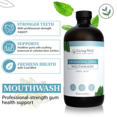 Mouthwash bottle and glass on bathroom counter