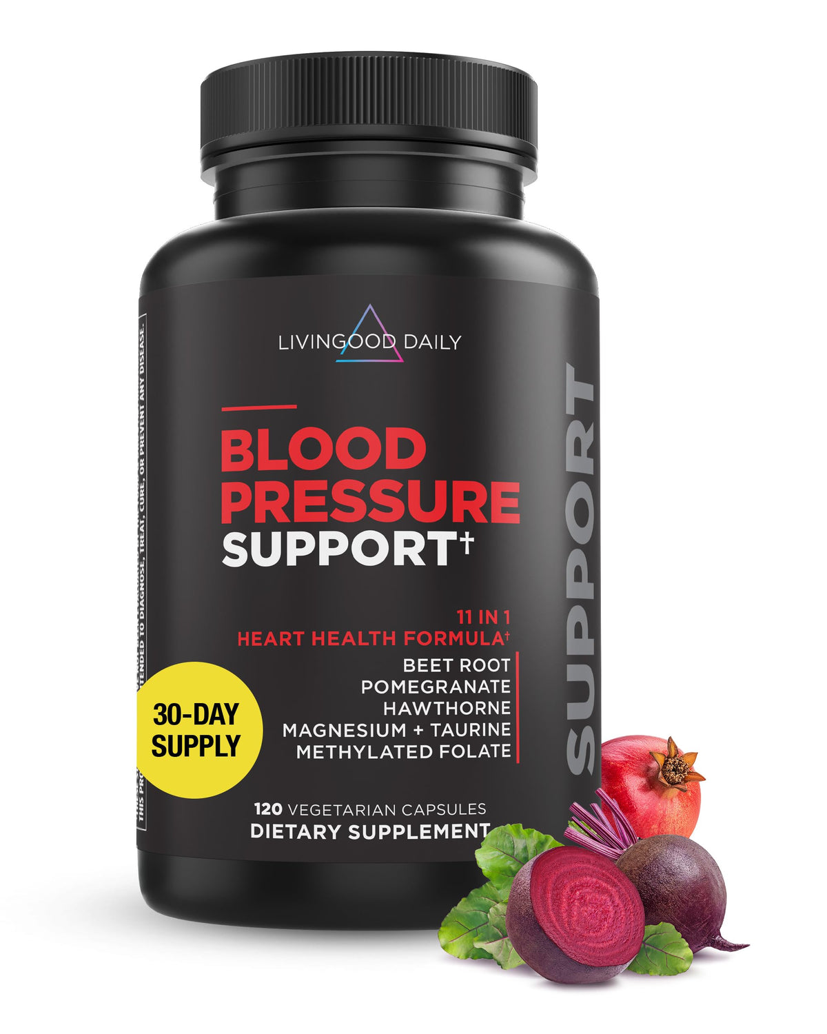 Livingood Daily Blood Pressure Support bottle and capsules on white background