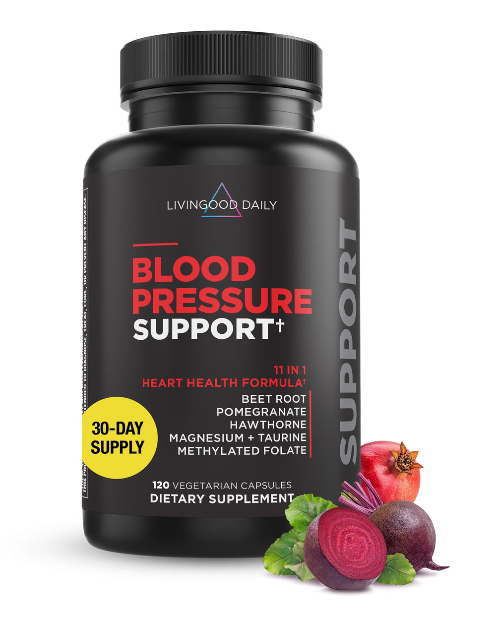 Livingood Daily Blood Pressure Support bottle on a clean counter for daily heart health.