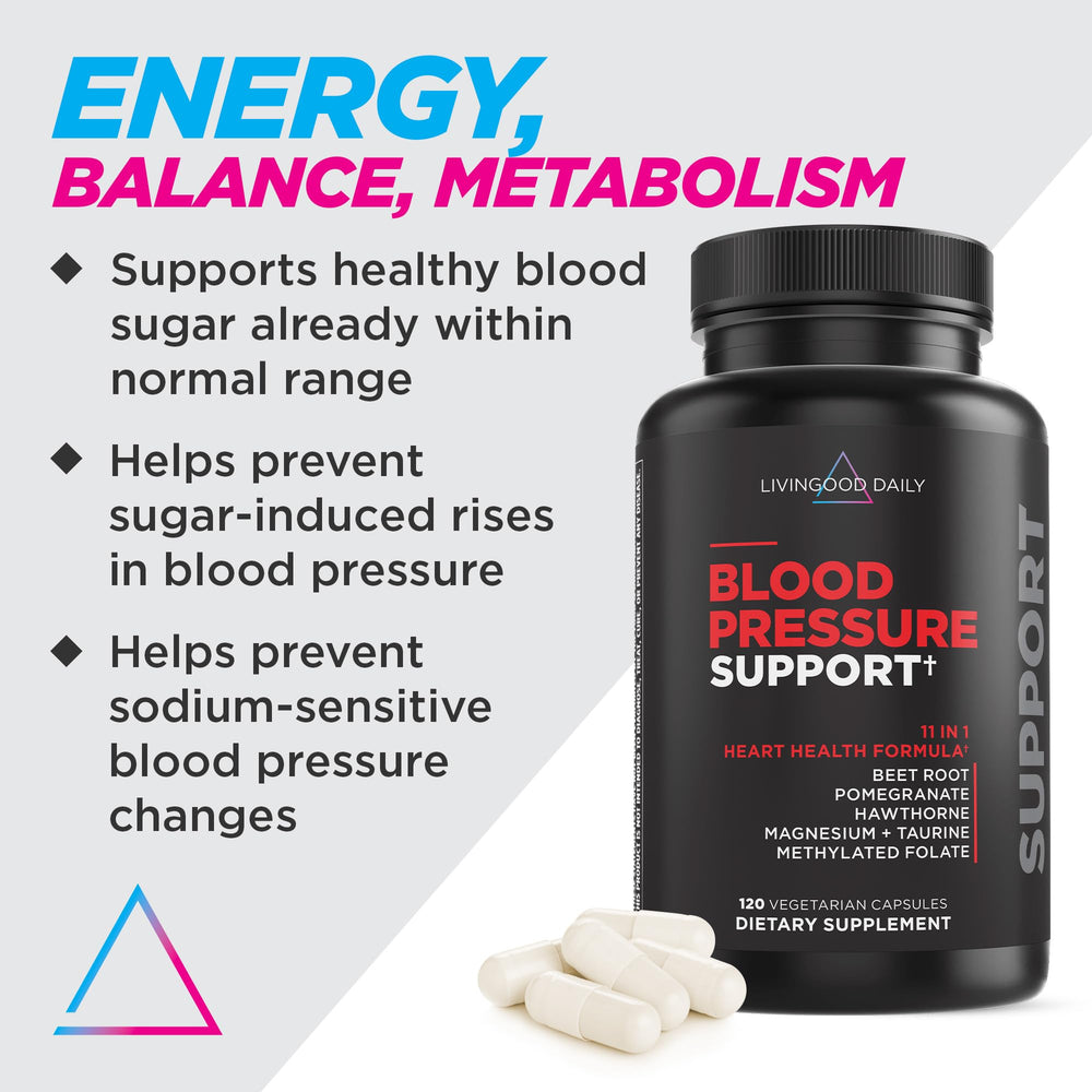 Close-up of Livingood Daily Blood Pressure Support capsules in a vegan formula.