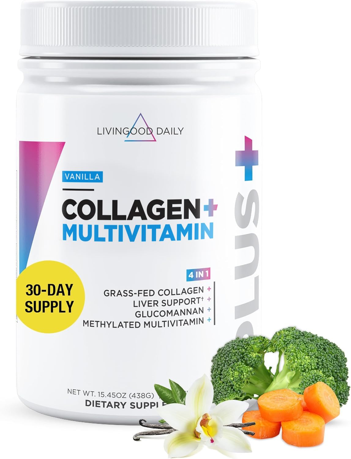 Livingood Daily collagen vanilla bottle, easy to store and blend into drinks.