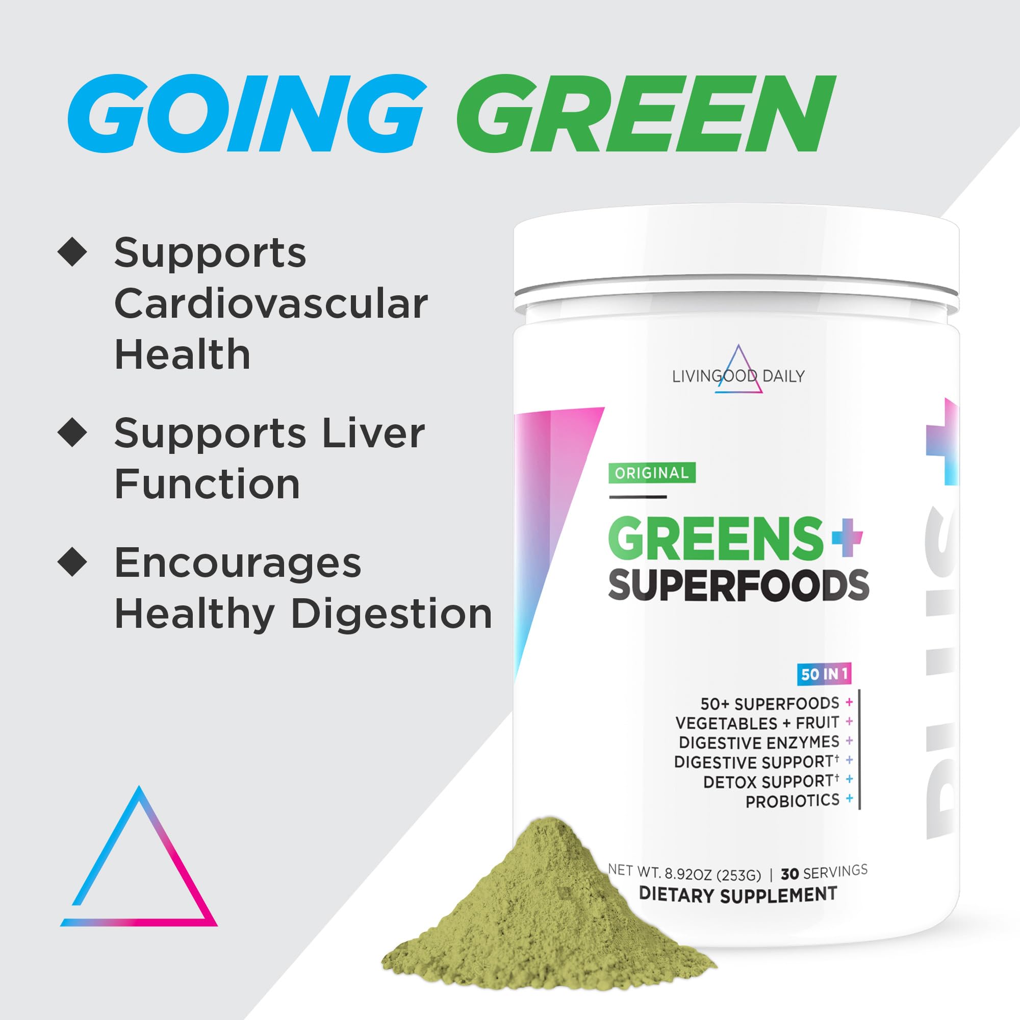 Glass of water with one scoop of Livingood Daily Greens Original powder