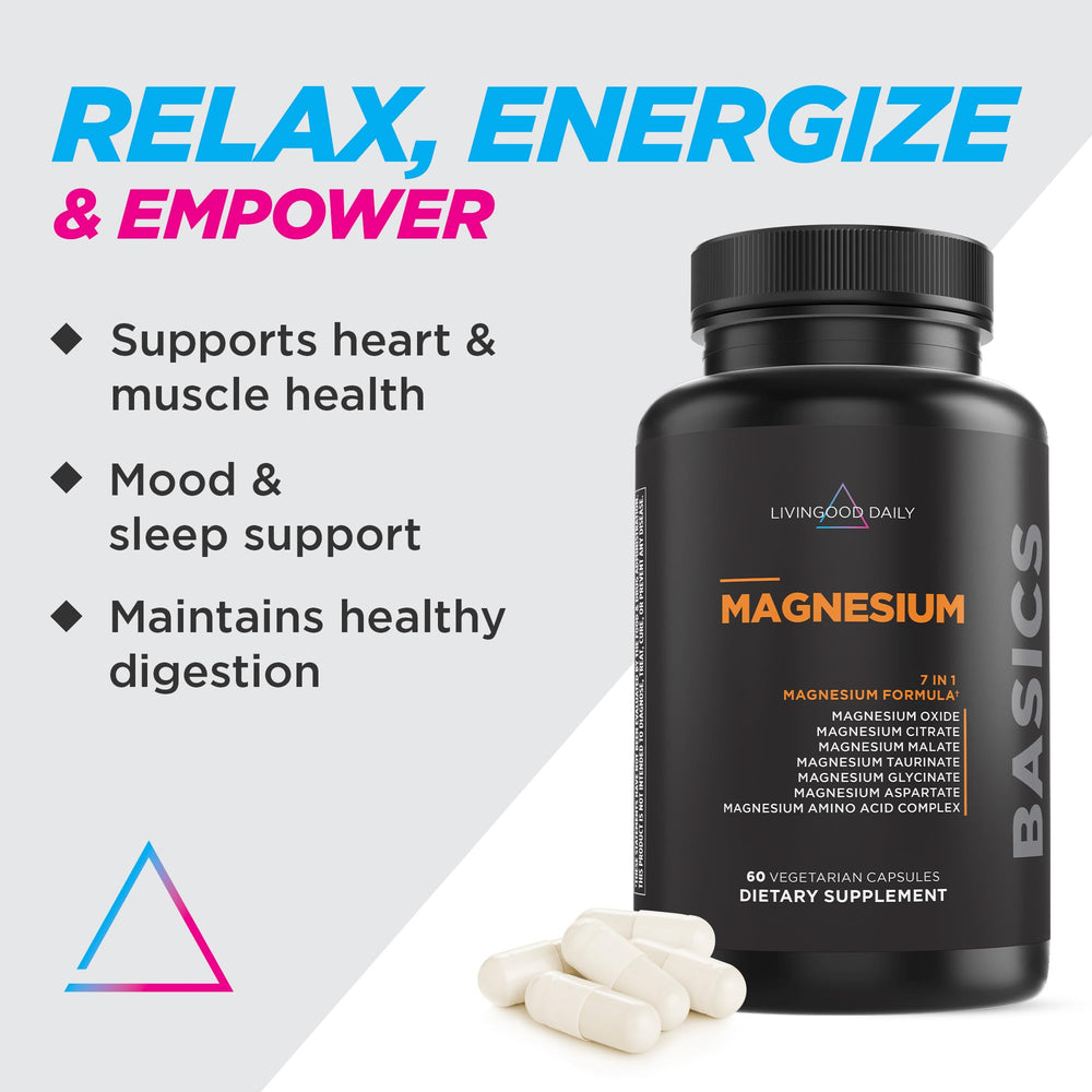 Livingood Daily magnesium capsules close-up showing the multi-form blend for holistic support.