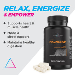 Livingood Daily magnesium capsules close-up showing the multi-form blend for holistic support.