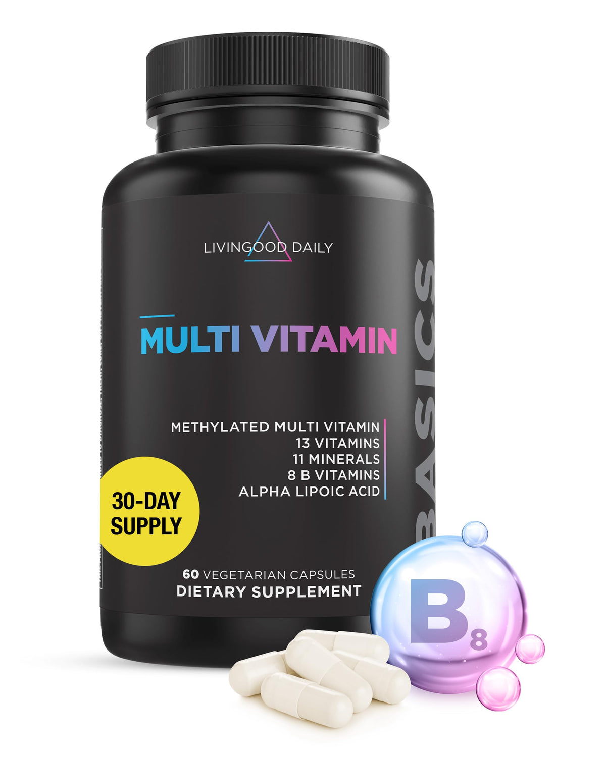 Front of Livingood Daily Methylated Multivitamin bottle with 60 capsules