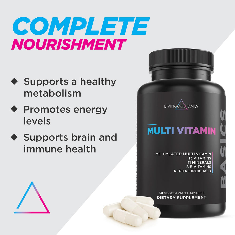 Nutrition label and ingredients panel on Livingood Daily Multivitamin bottle