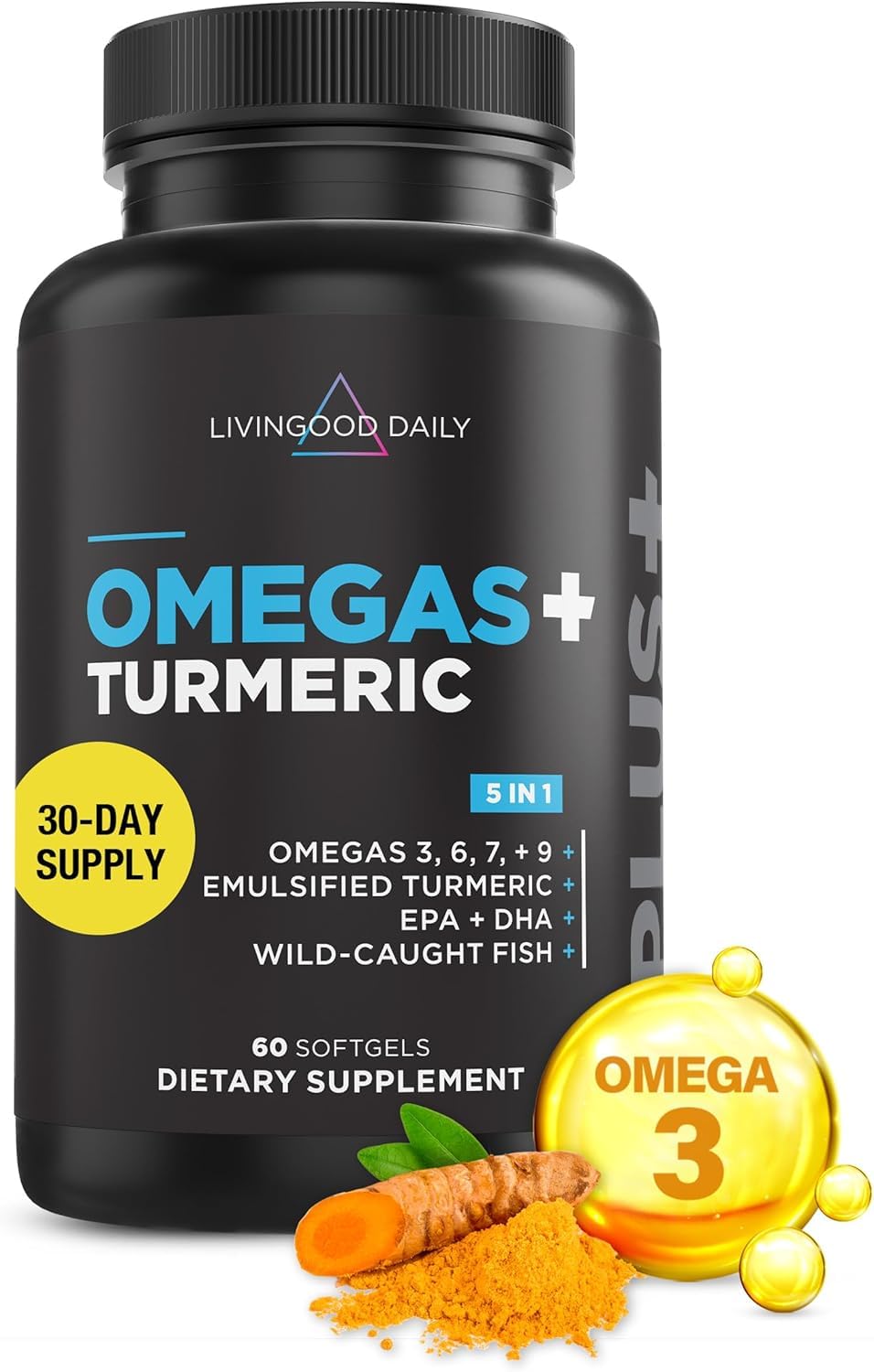 Livingood Daily omega3-6-9 turmeric bottle promotes convenient daily heart and brain support.