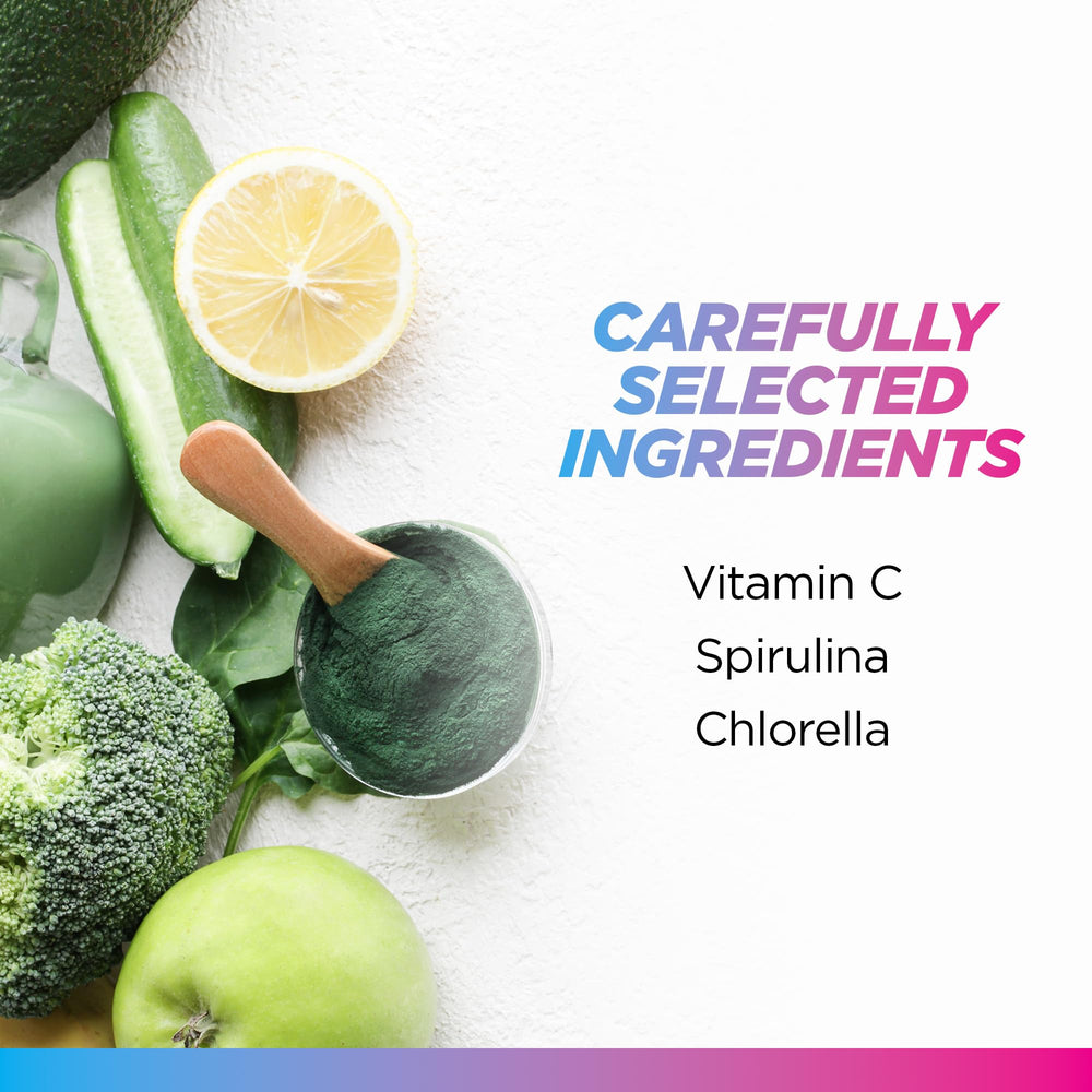 Close up of the powder ingredients organic pea protein spirulina chlorella and vitamin C