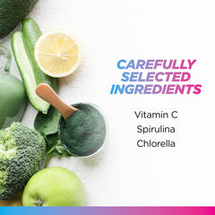Close up of the powder ingredients organic pea protein spirulina chlorella and vitamin C