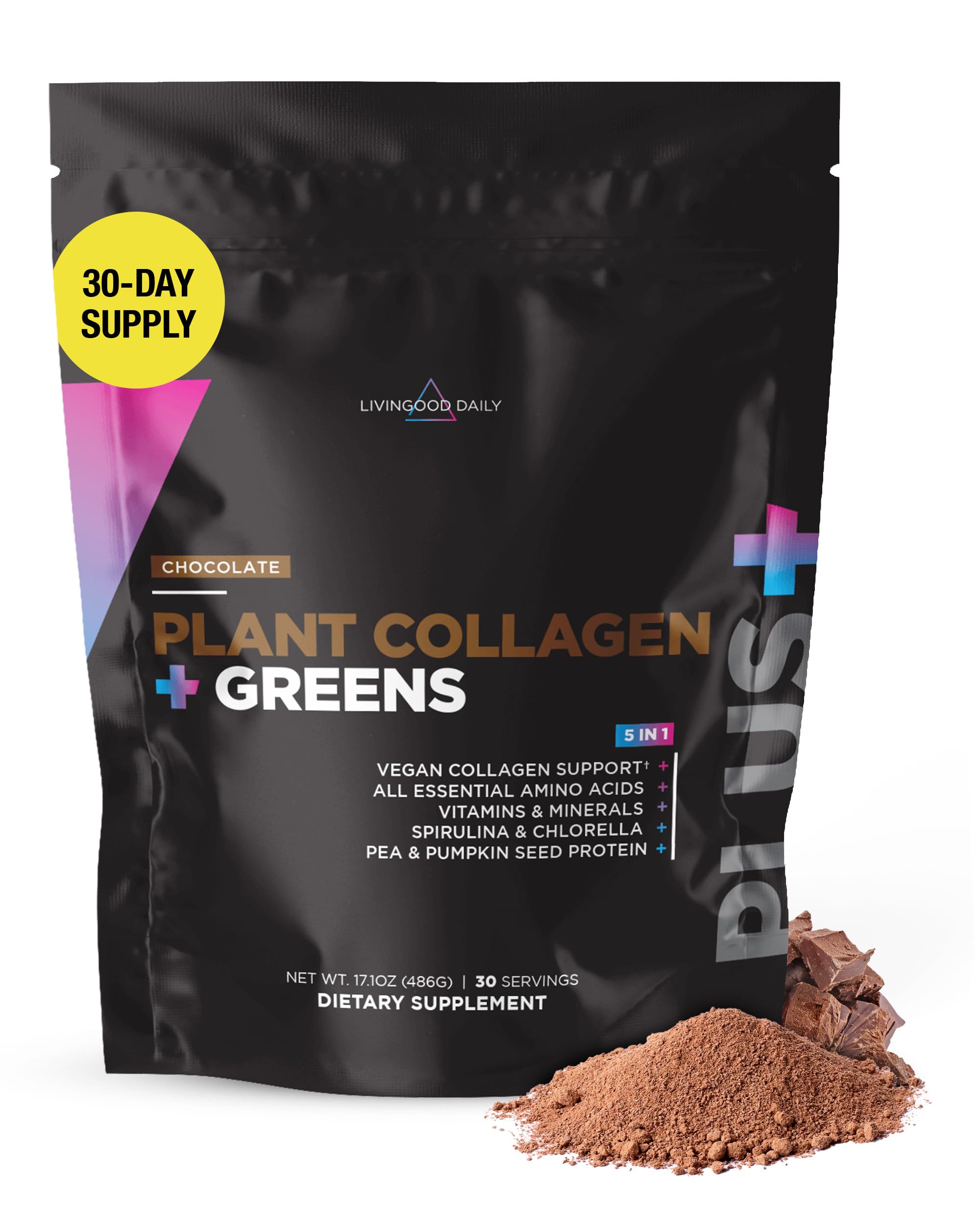 Front view of Livingood Daily Plant Collagen plus Greens Powder chocolate tub