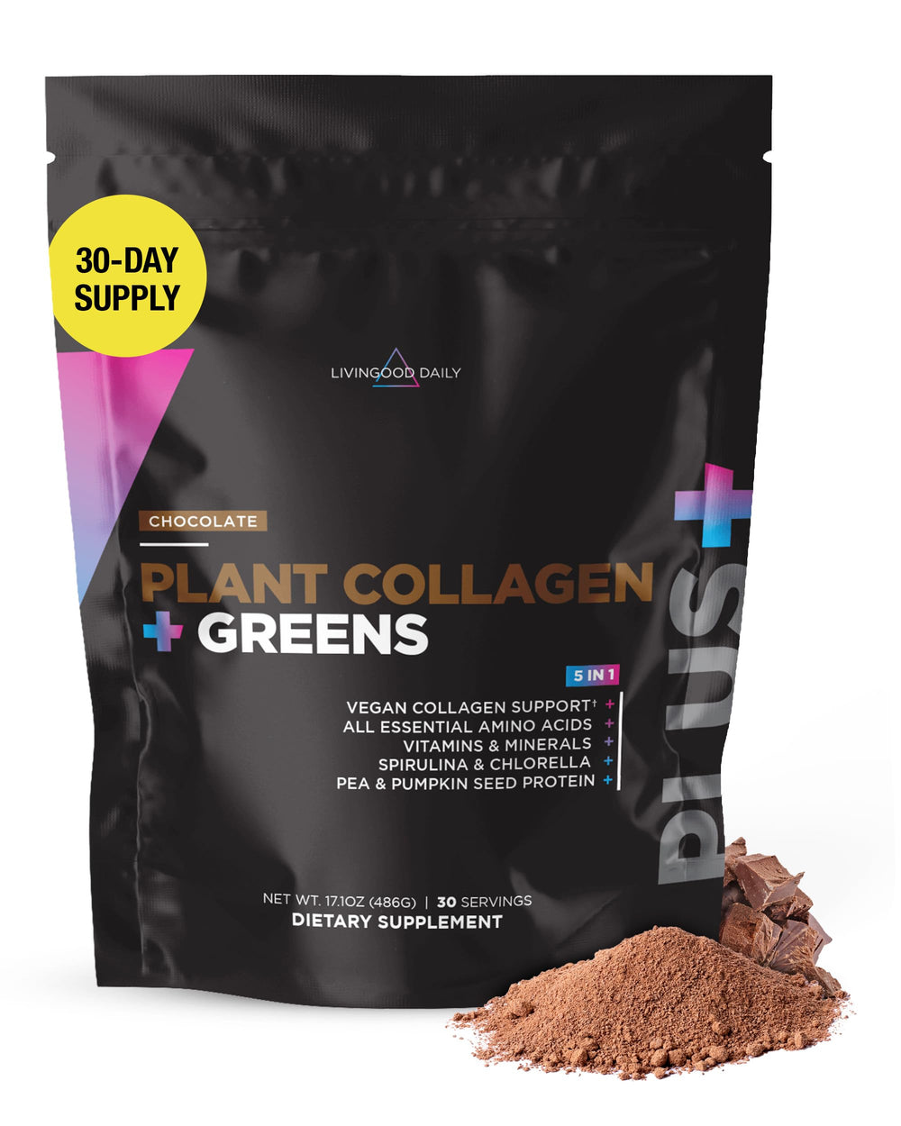 Front view of Livingood Daily Plant Collagen plus Greens Powder chocolate tub