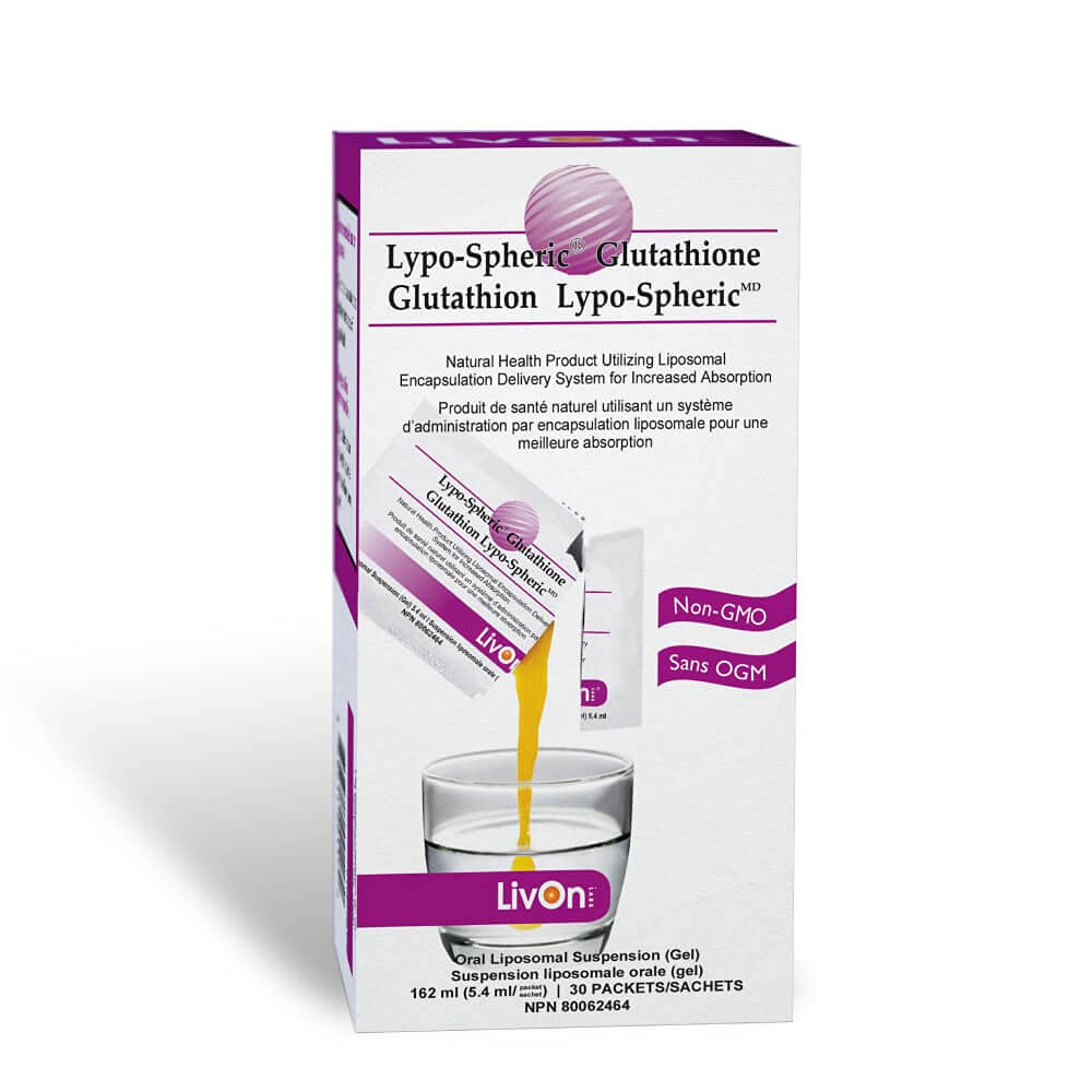 LivOn Lypo-Spheric Glutathione bottle with 30-pack packets