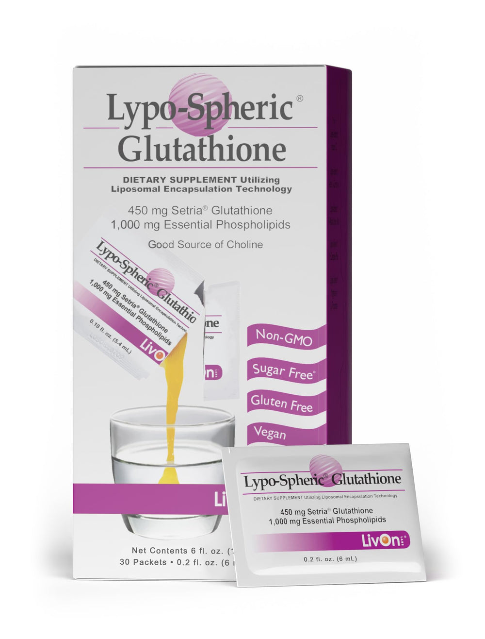 LivOn Lypo-Spheric Glutathione bottle highlighting liposome delivery for enhanced absorption.