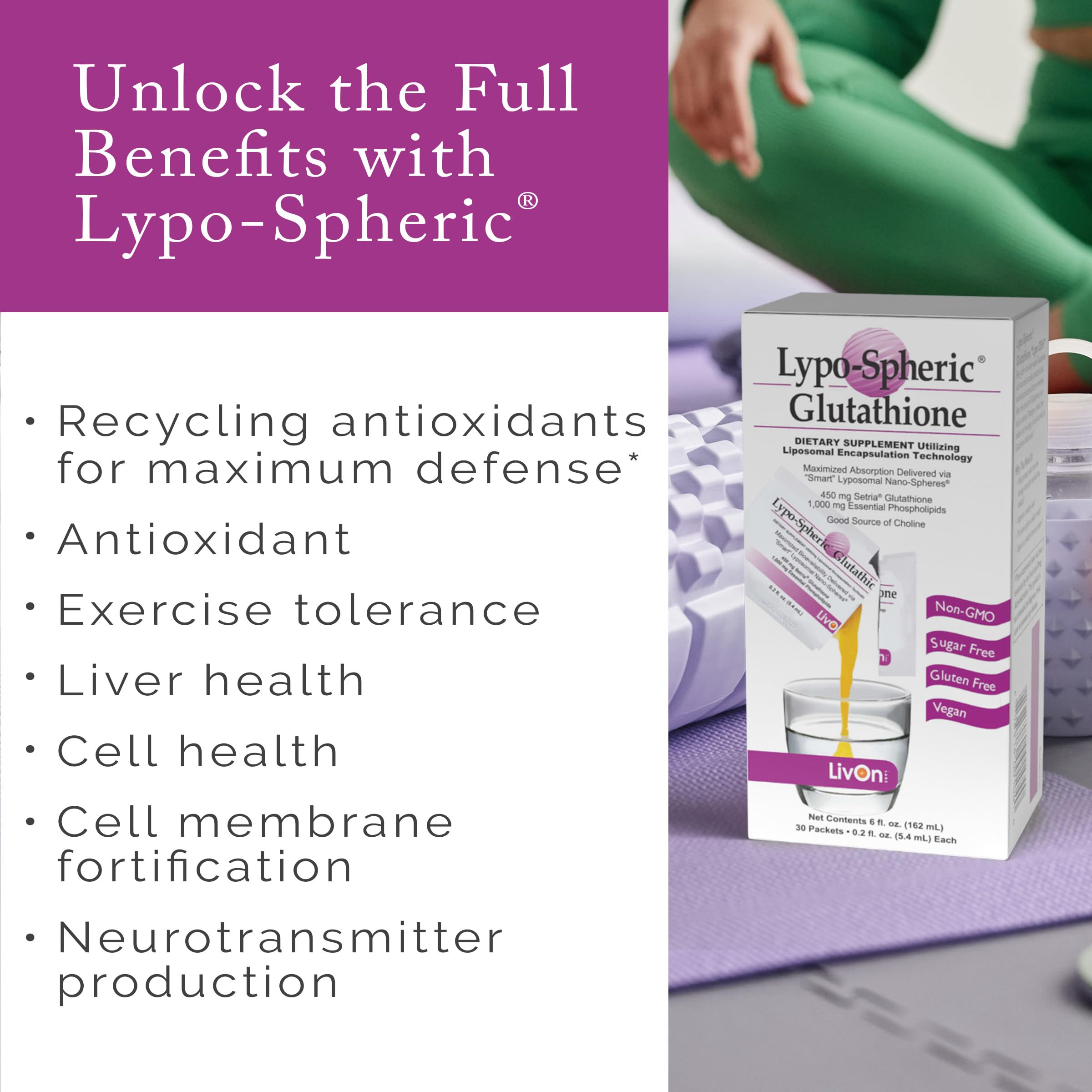 LivOn Lypo-Spheric Glutathione liposome encapsulation supports improved absorption.