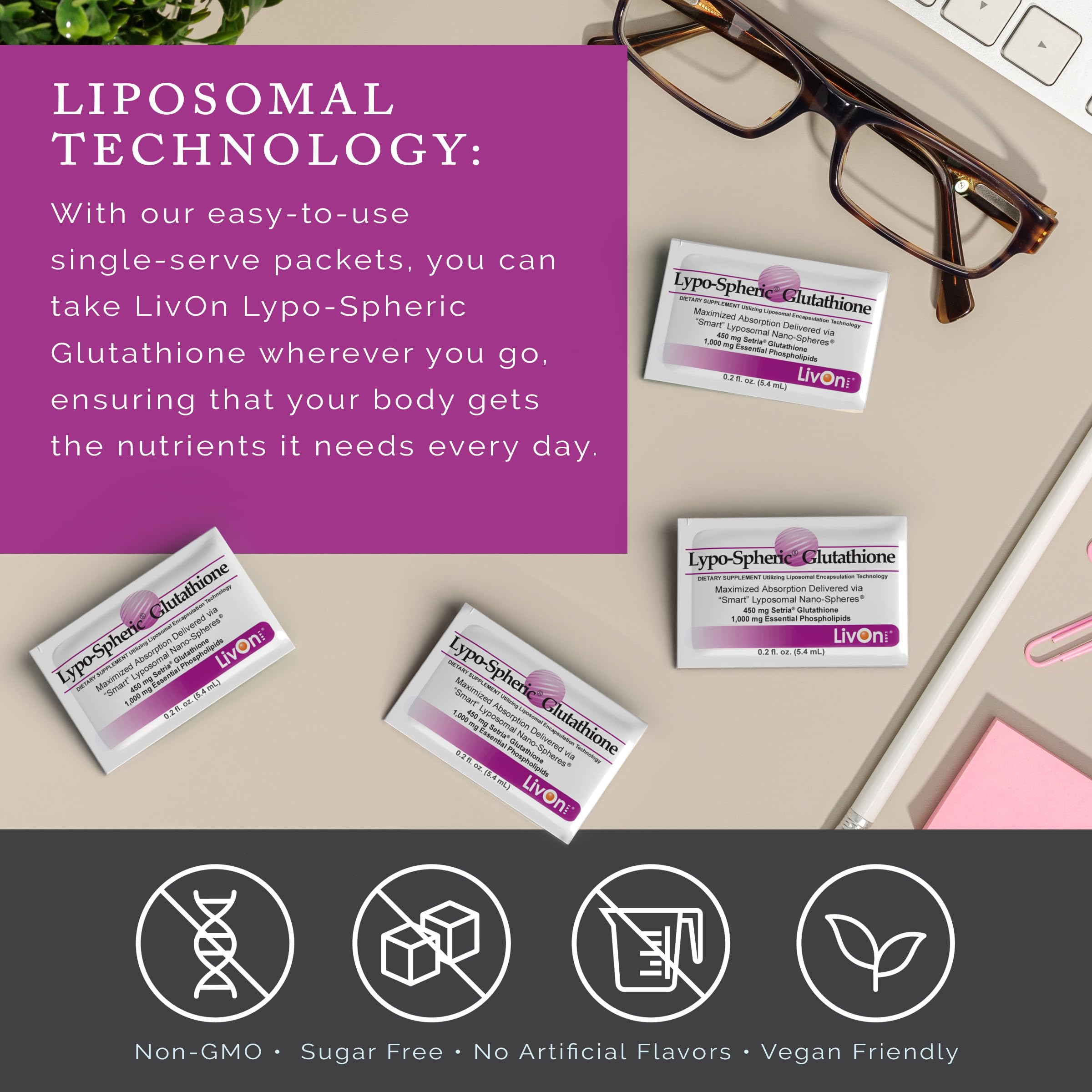 LivOn Glutathione packet being squeezed into water for quick intake.