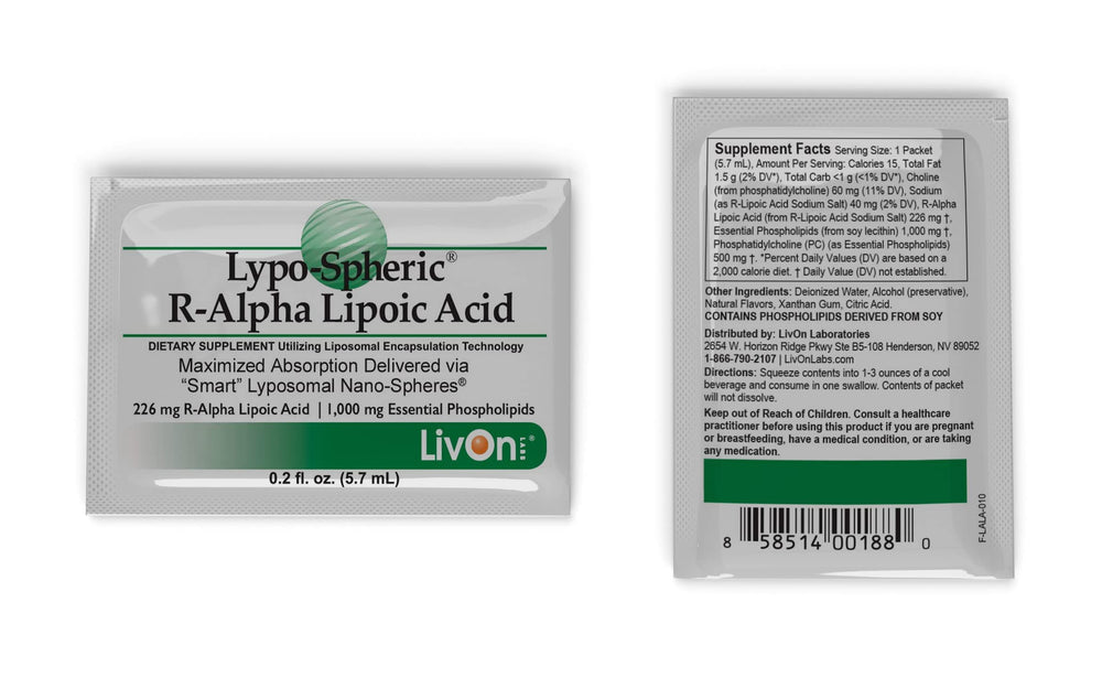 Close-up shot of R-ALA liposomal packet showing 226 mg per packet