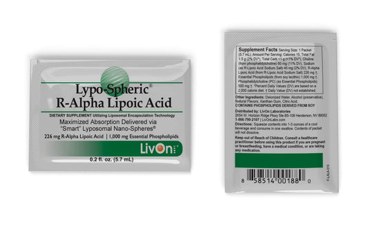 Close-up shot of R-ALA liposomal packet showing 226 mg per packet