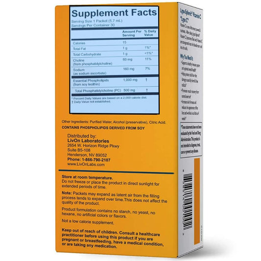 Back of LivOn Lypo-Spheric Vitamin C 1000 mg pack with product details