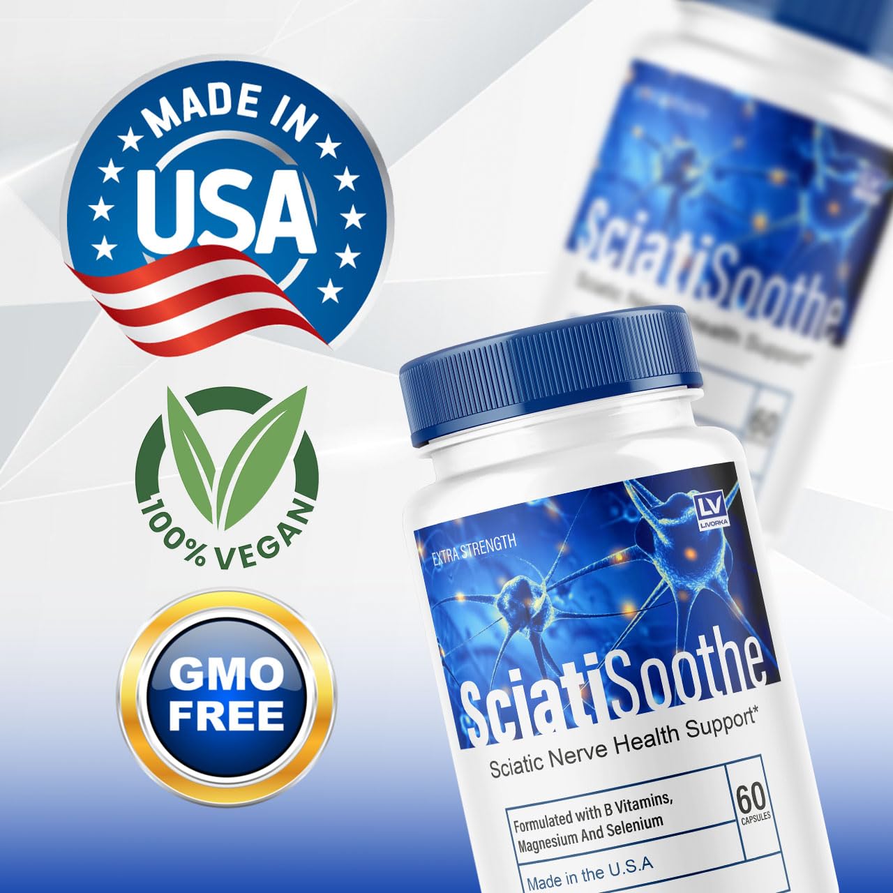 Bottles with SciatiSoothe ingredients label