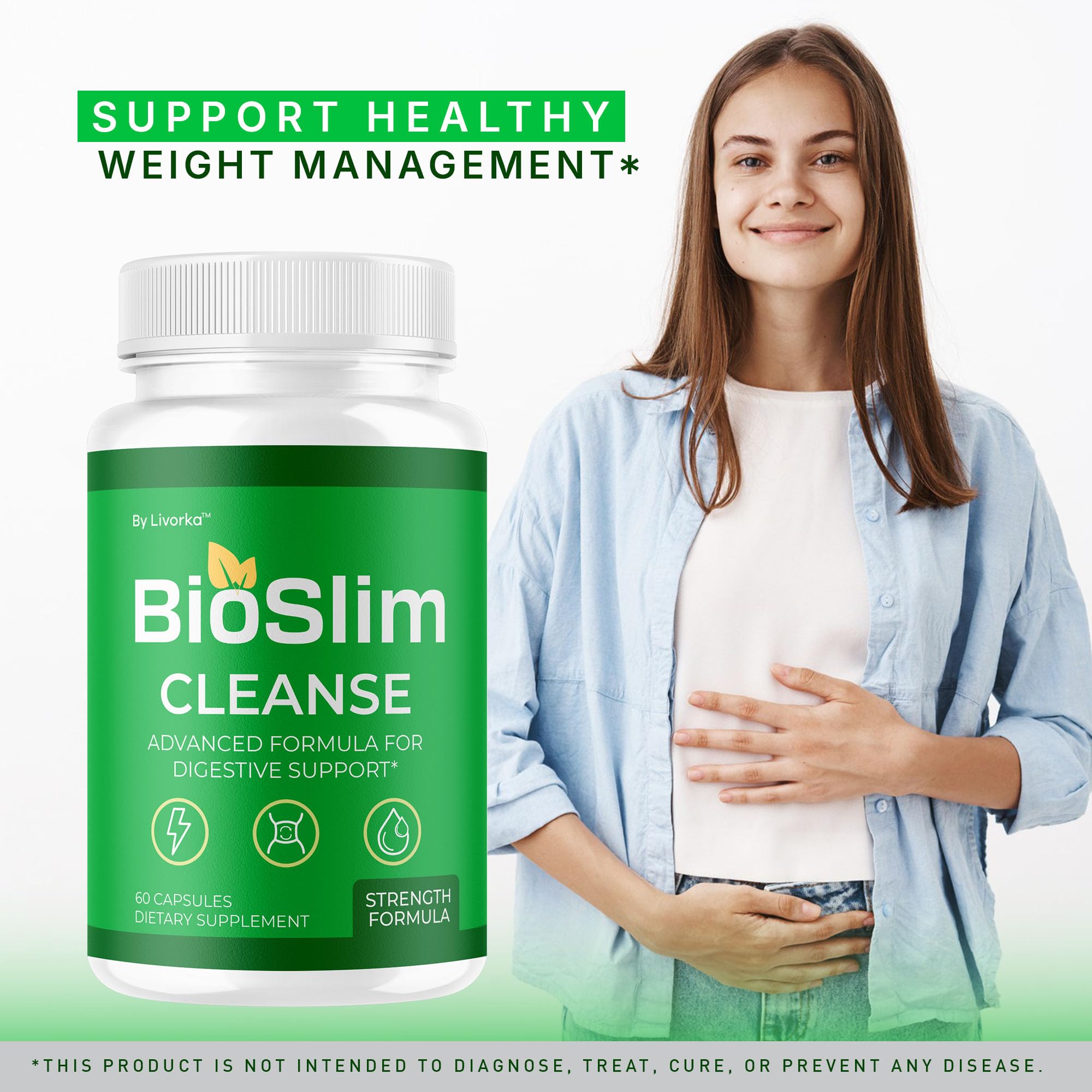 BioSlim Cleanse capsules poured from bottle for daily use.