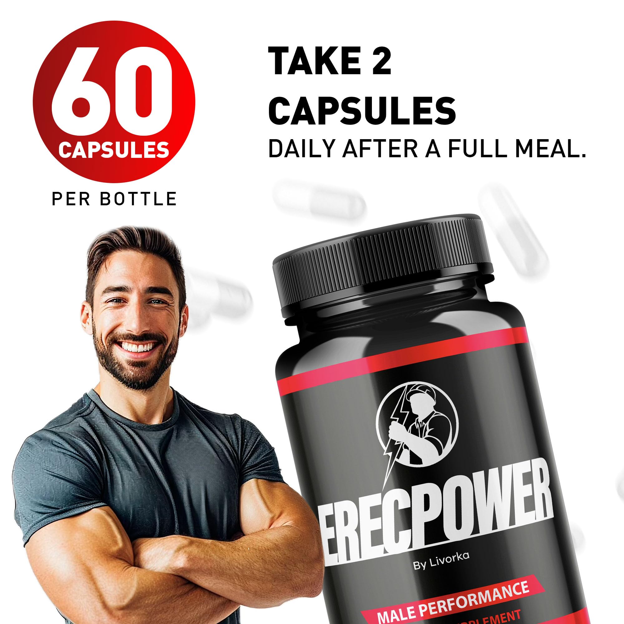 Close-up of Erecpower capsules pouring from bottle