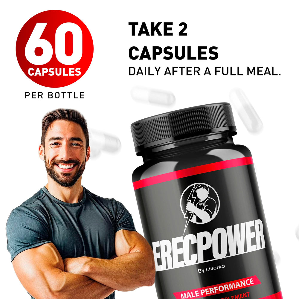 Close-up of Erecpower capsules pouring from bottle