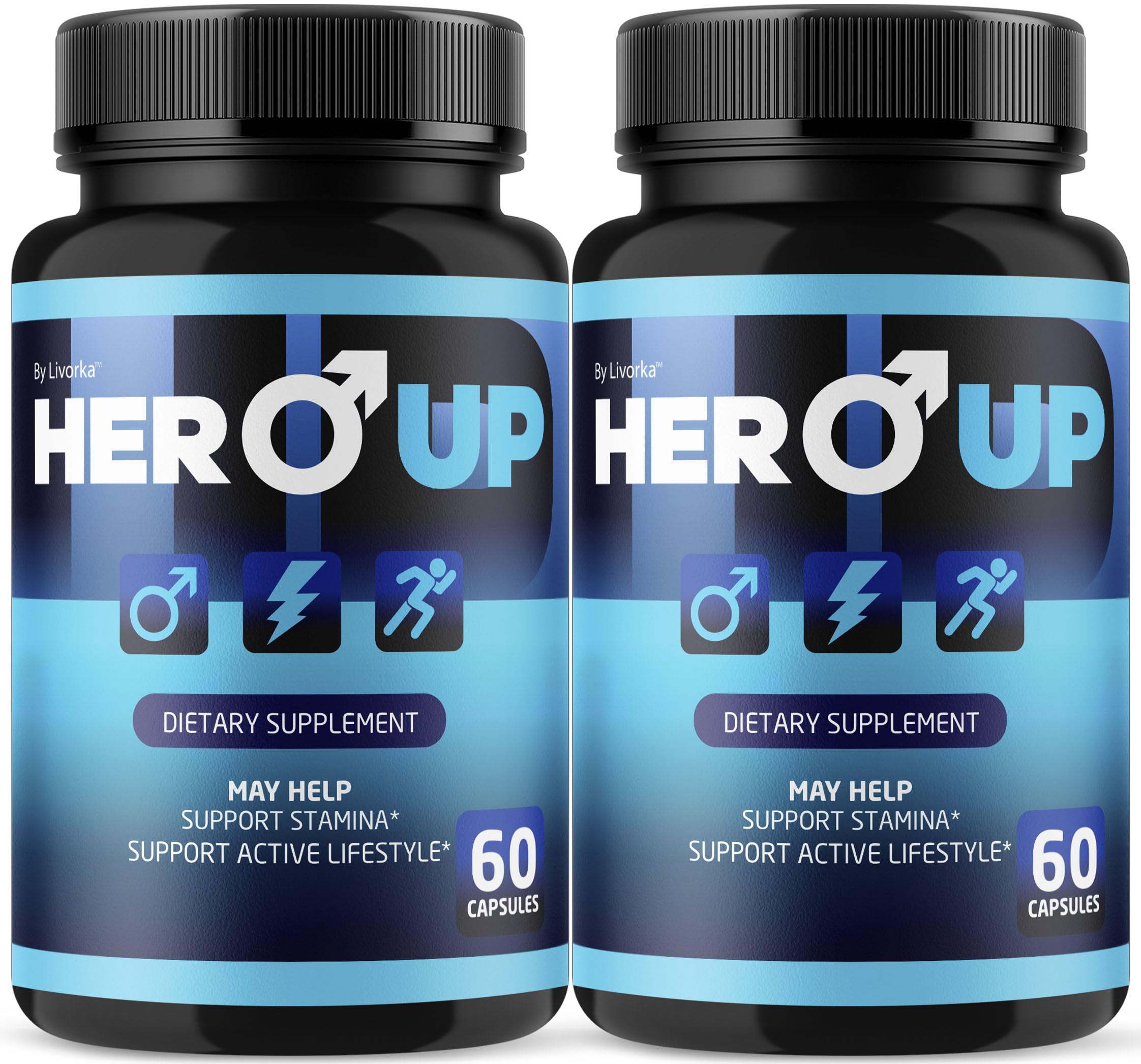 LIVORKA Hero Up bottle front showing trusted energy support formula for daily vitality.