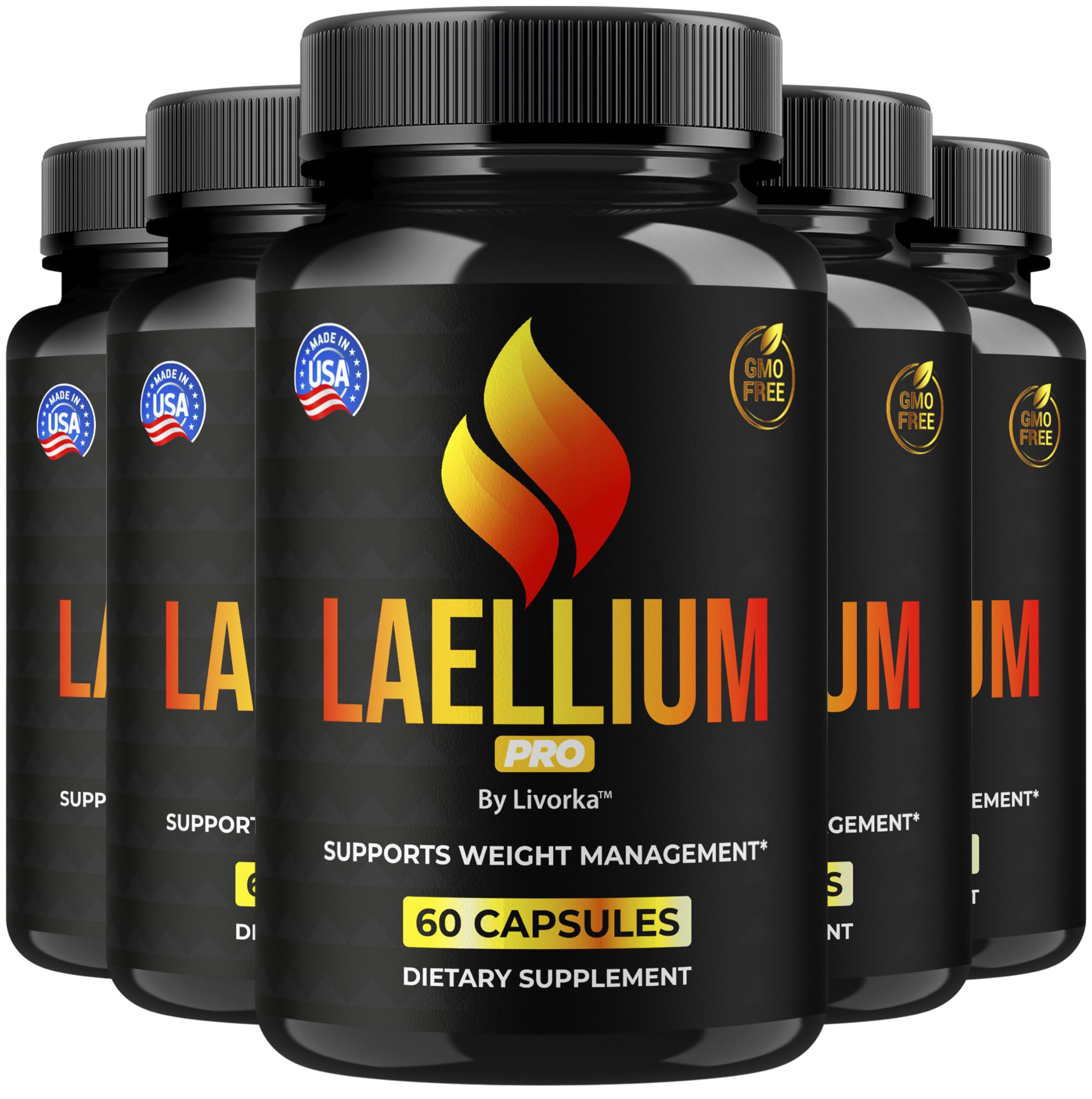 LIVORKA Laellium Pro Pills 5-pack bottle front view supports daily wellness.