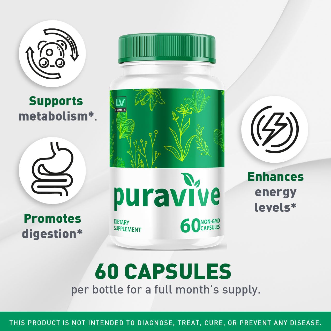 Front view of LIVORKA Puravive Exotic Rice Method Capsule bottle with label