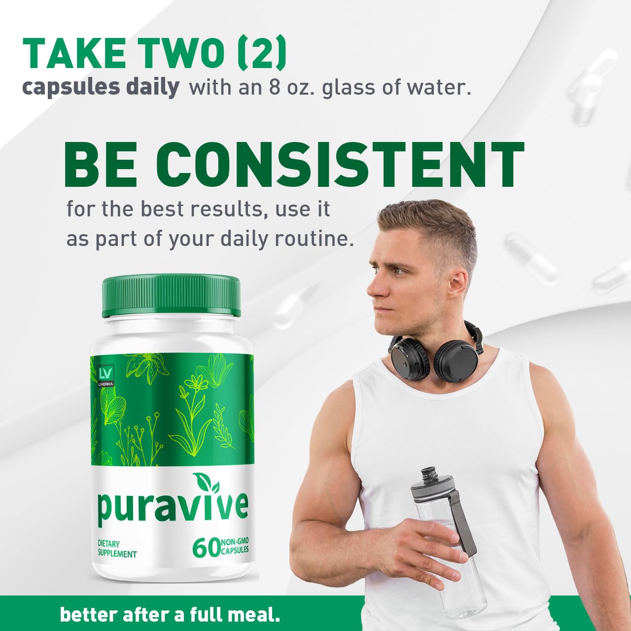 Lifestyle shot of daily wellness routine with LIVORKA Puravive capsules