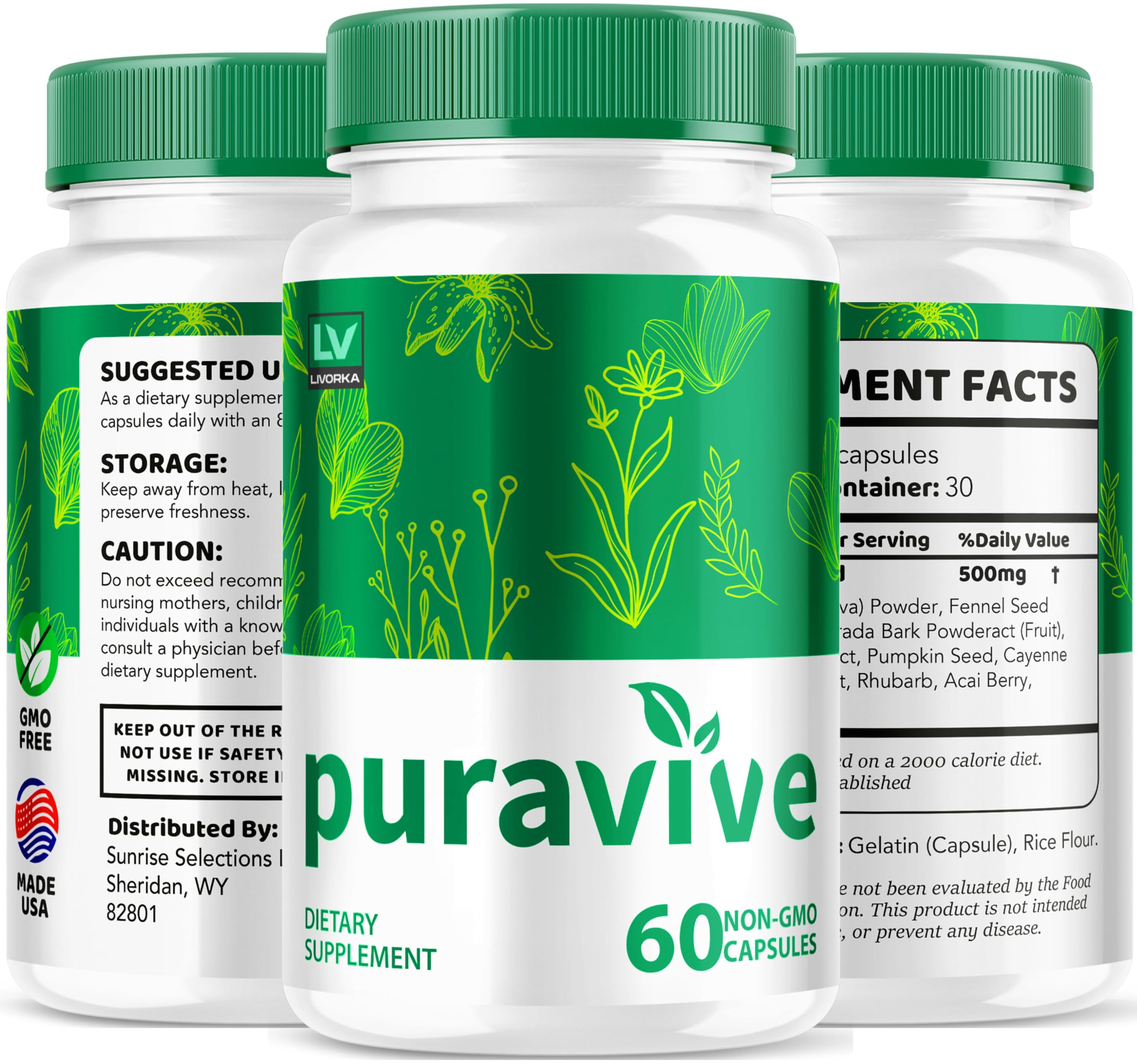 Healthy lifestyle scene featuring Puravive capsules and natural foods