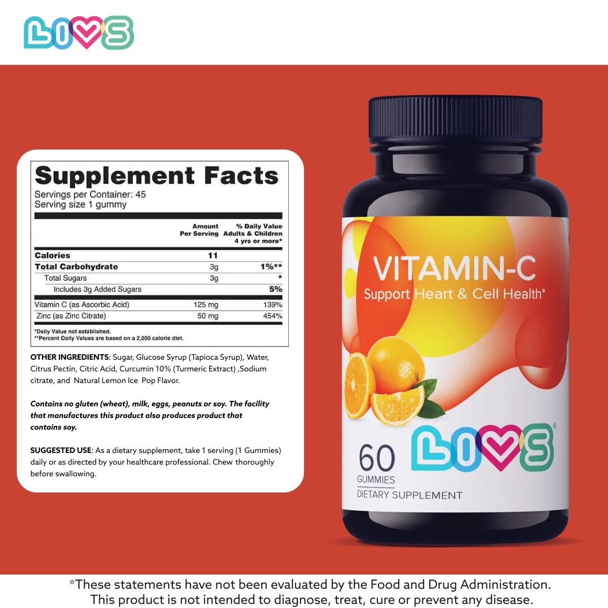 Nutritional ingredients label for LIVS Vitamin C Gummies