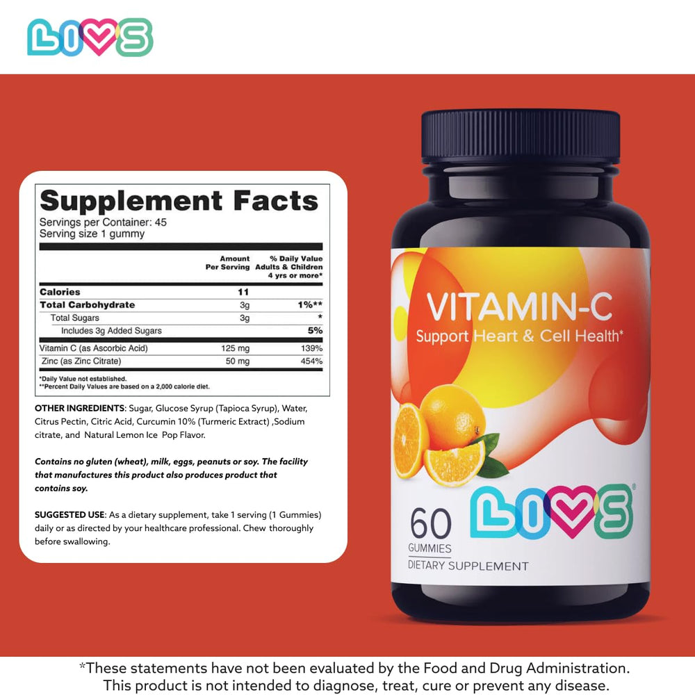 Nutritional ingredients label for LIVS Vitamin C Gummies