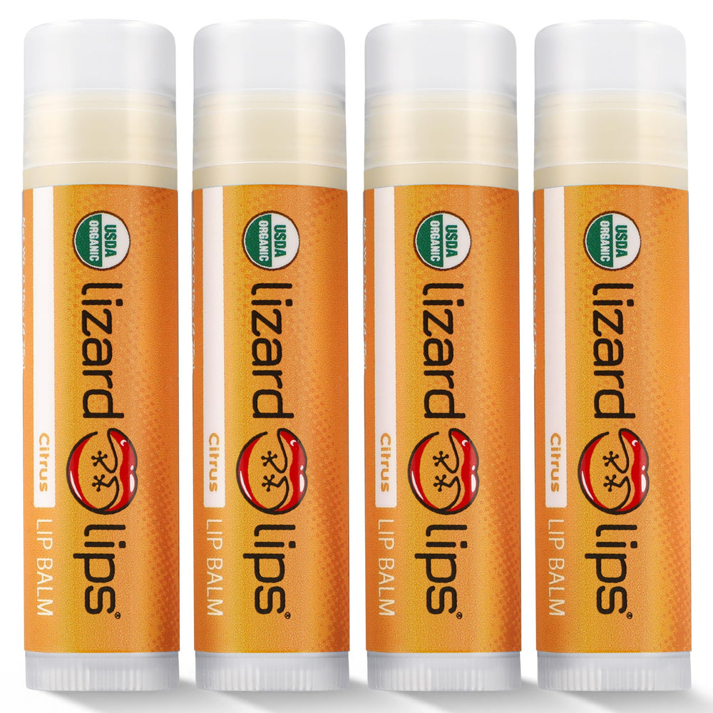 Lizard Lips Citrus lip balm tube offering lasting hydration for sunny days.