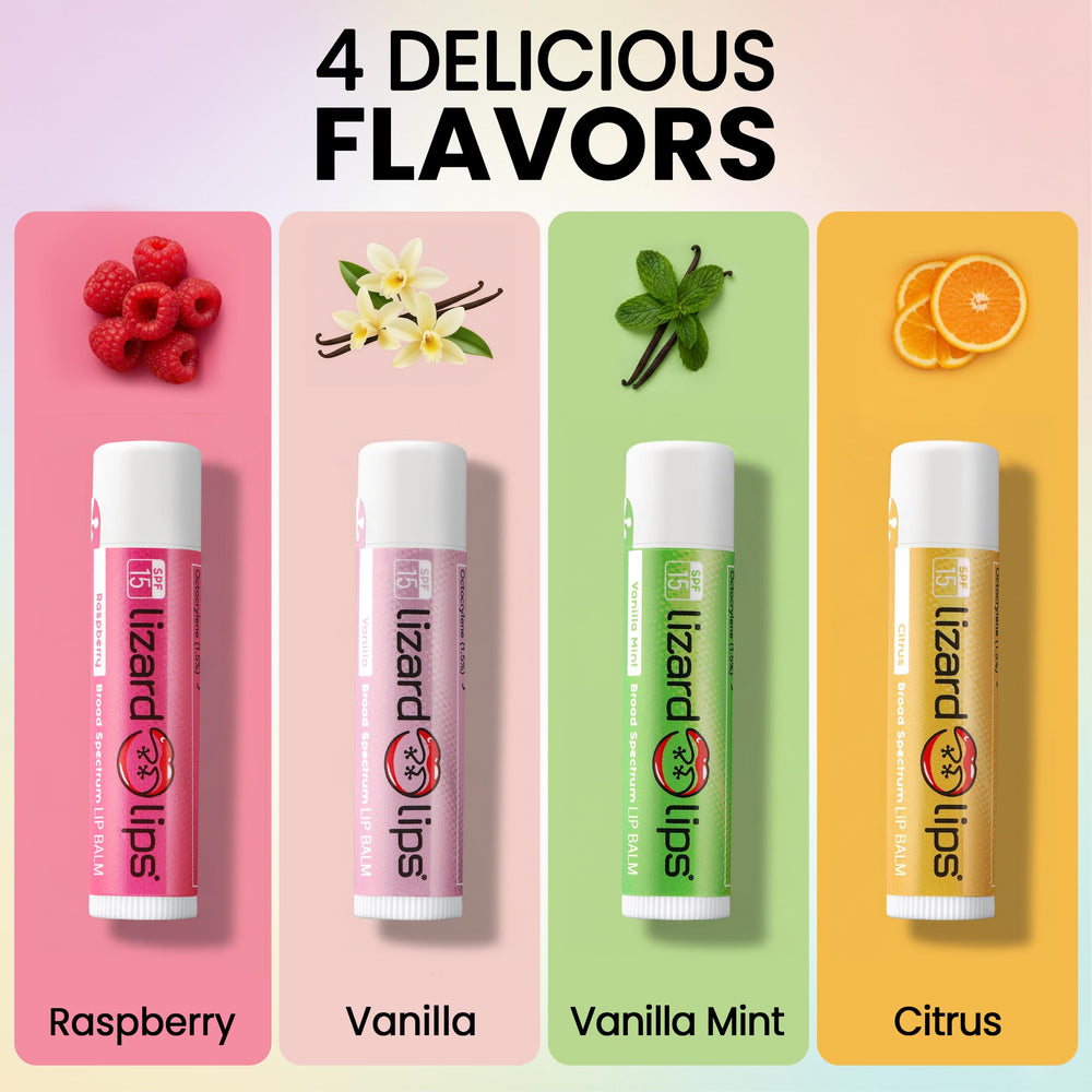 Lizard Lips SPF15 Raspberry balm front view showcases fruity flavor and moisture boost.