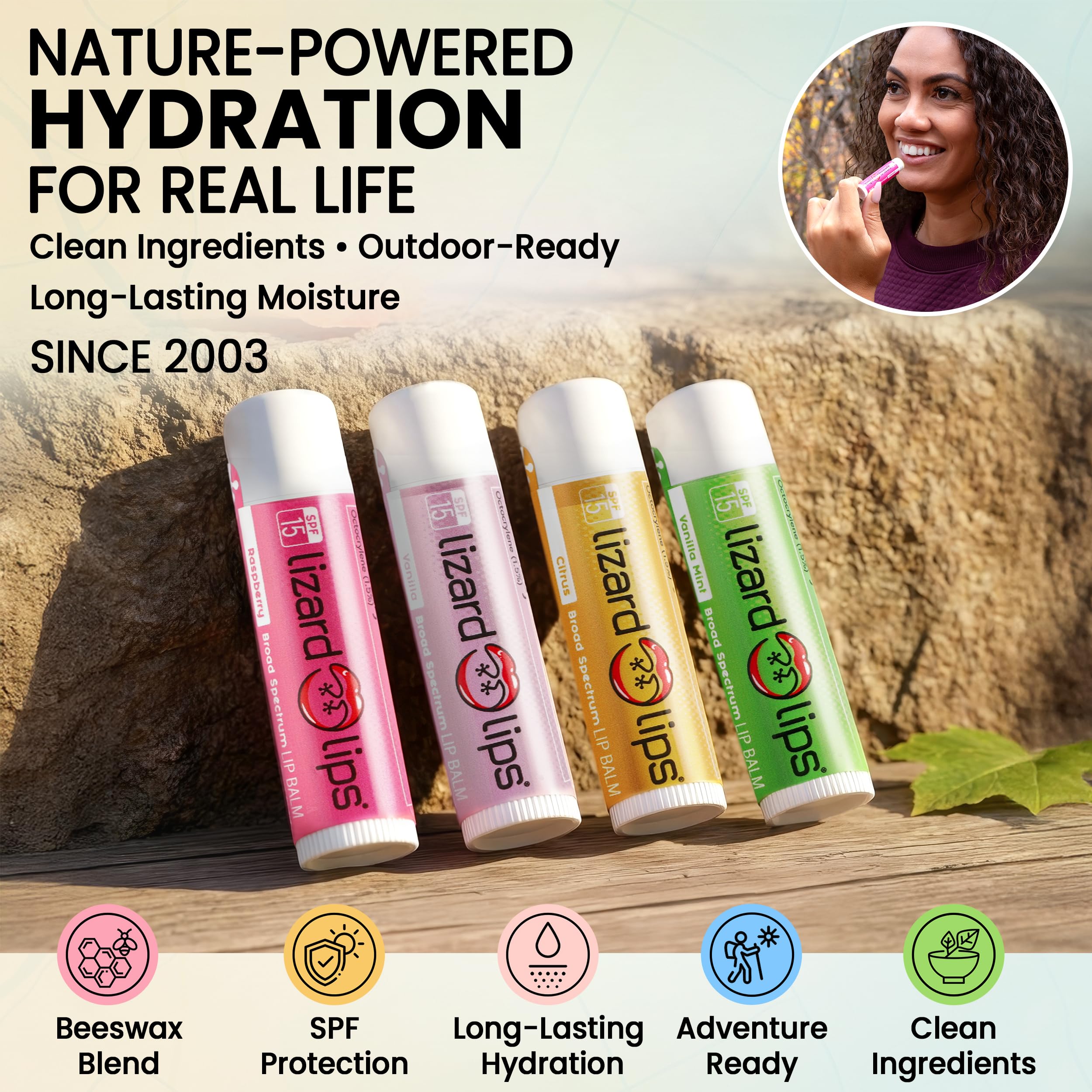 Lizard Lips USA-made label emphasizes cruelty-free production and clean ingredients.