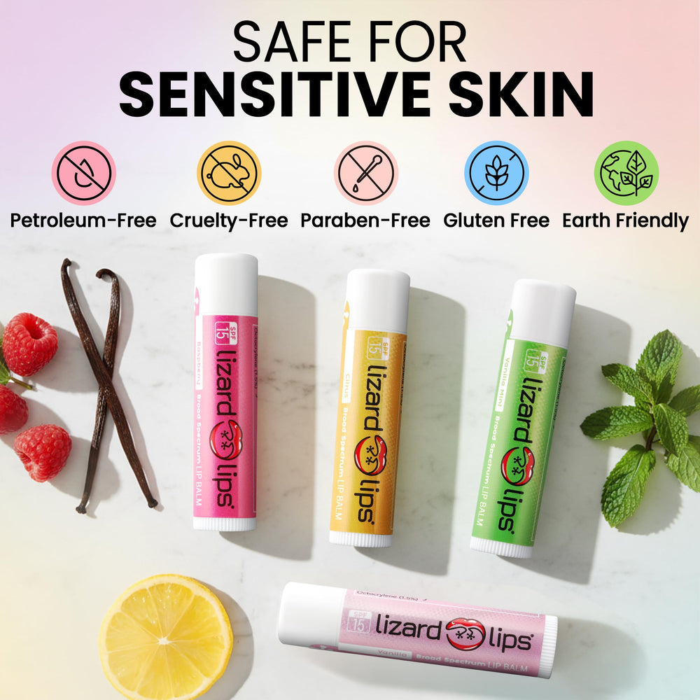 Lizard Lips Variety Pack front view invites versatile lip care for beach, desk, and bag.