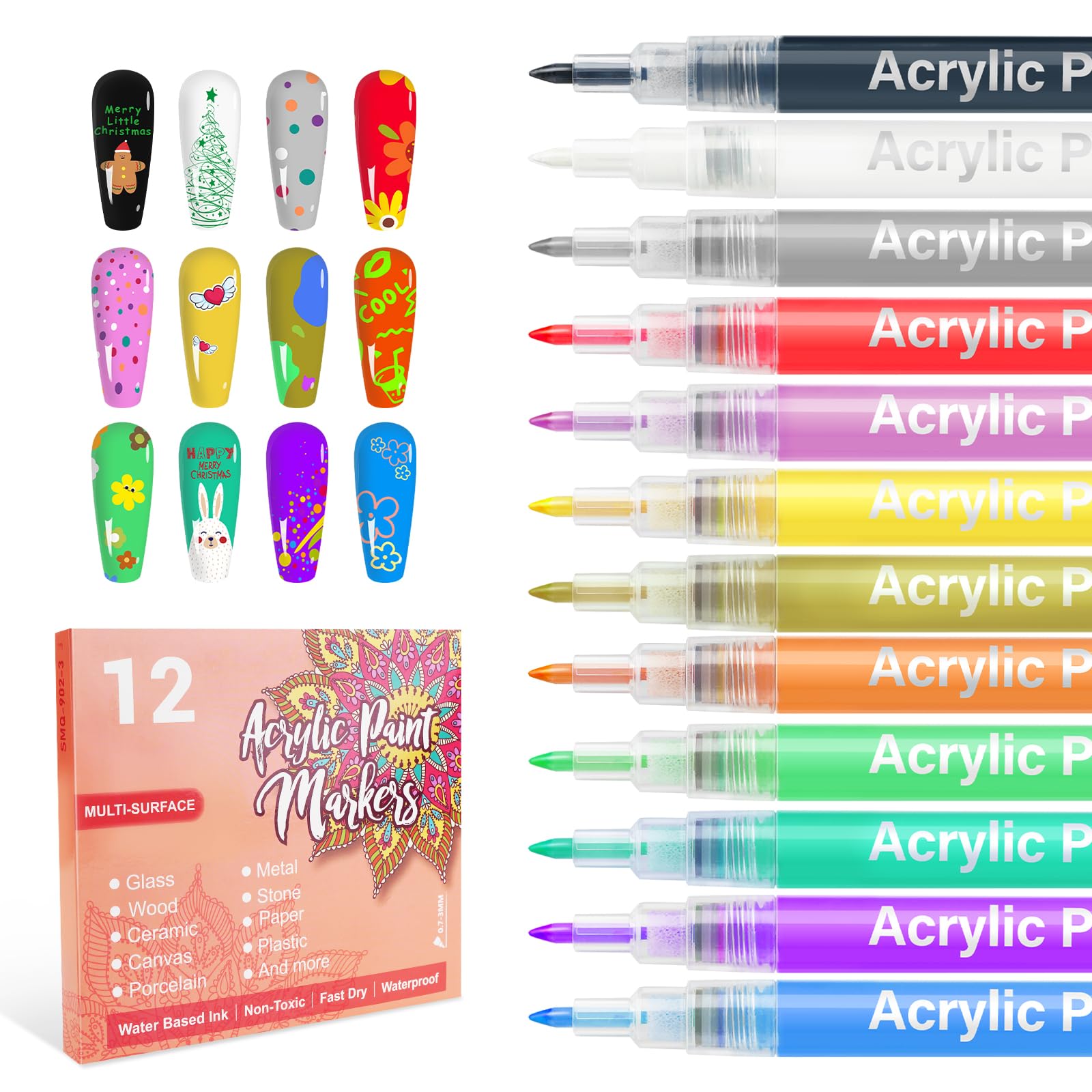 LKE 12-color nail art pens set packaging highlights vibrant hues for quick DIY manicures.