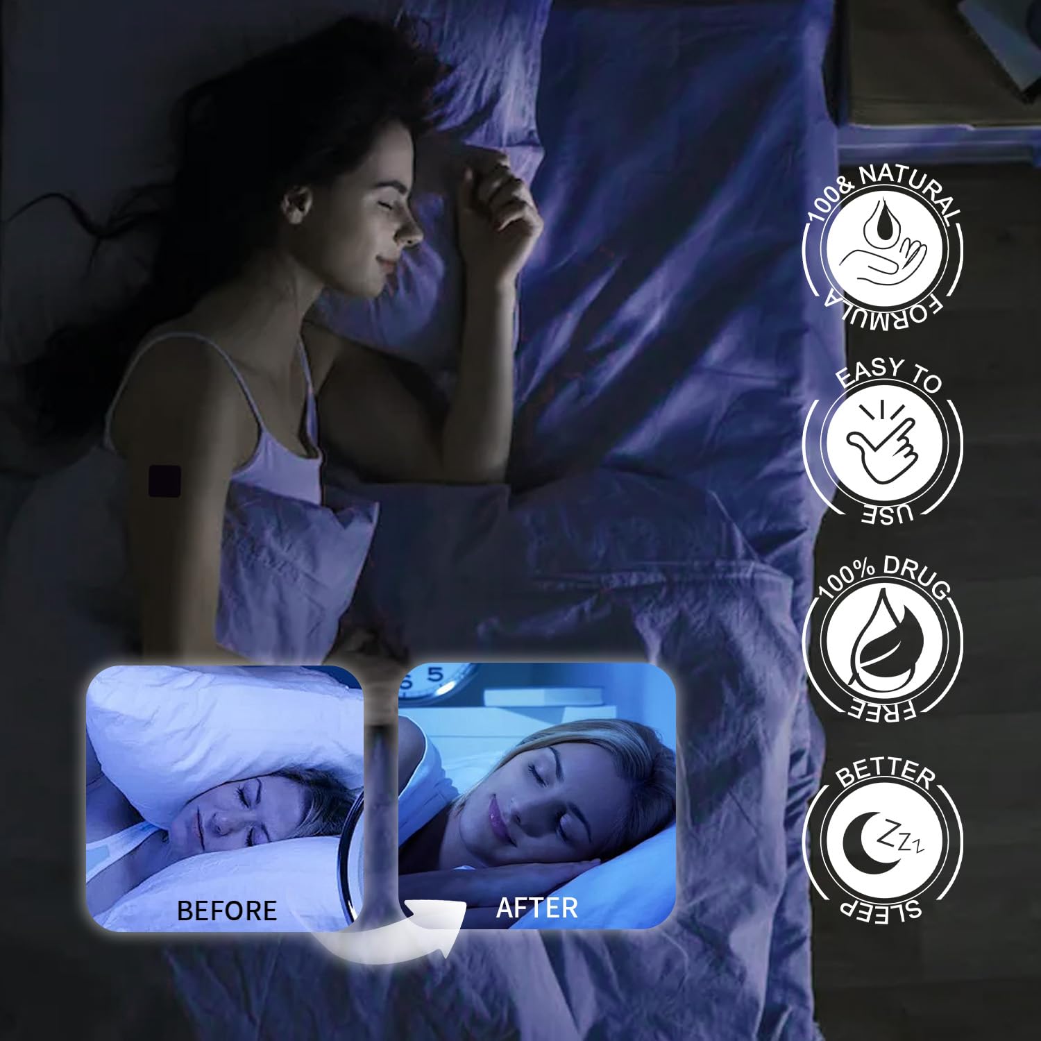 Lavender essential oil bottle with sleep patch ingredients