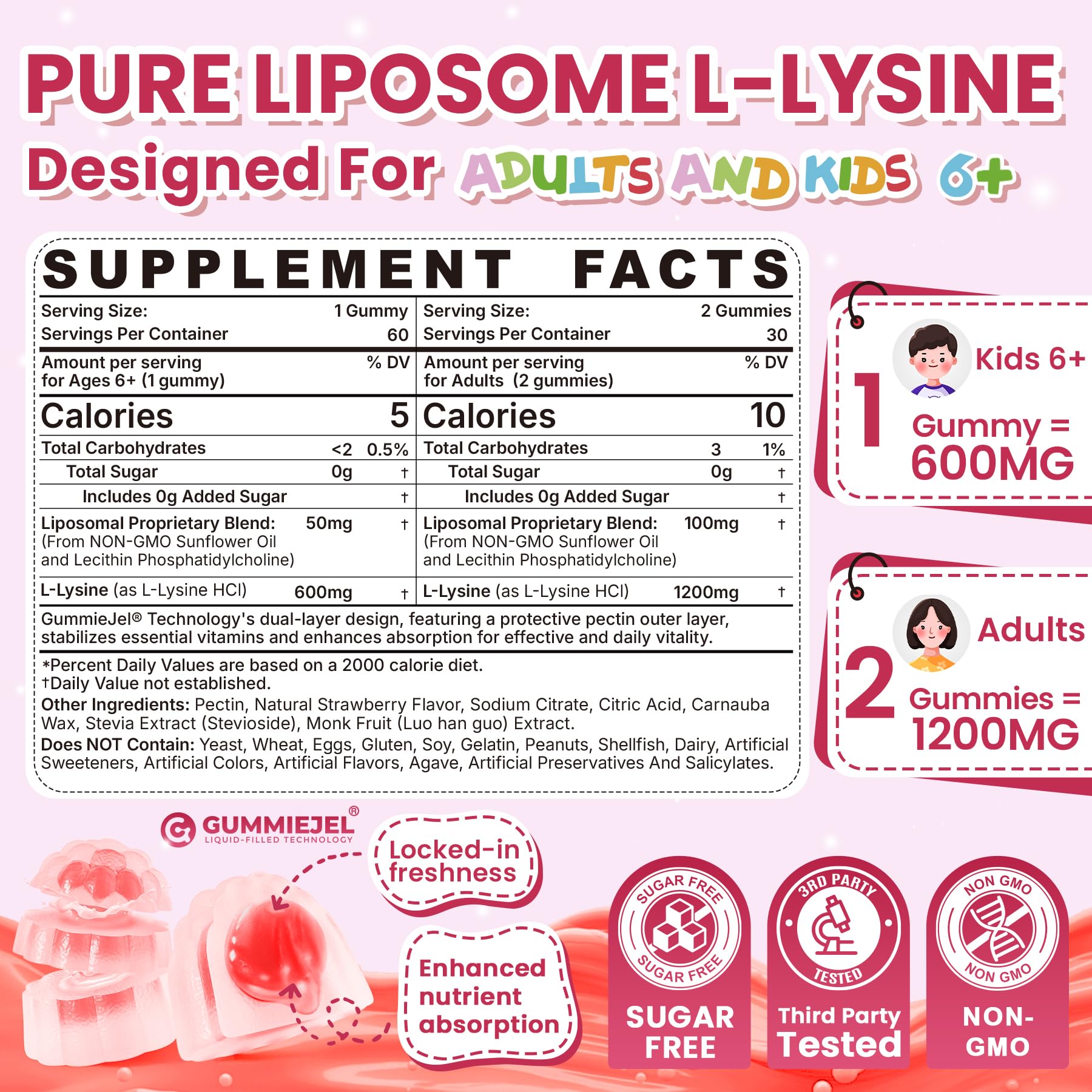 Close-up of strawberry-flavored L-Lysine gummies