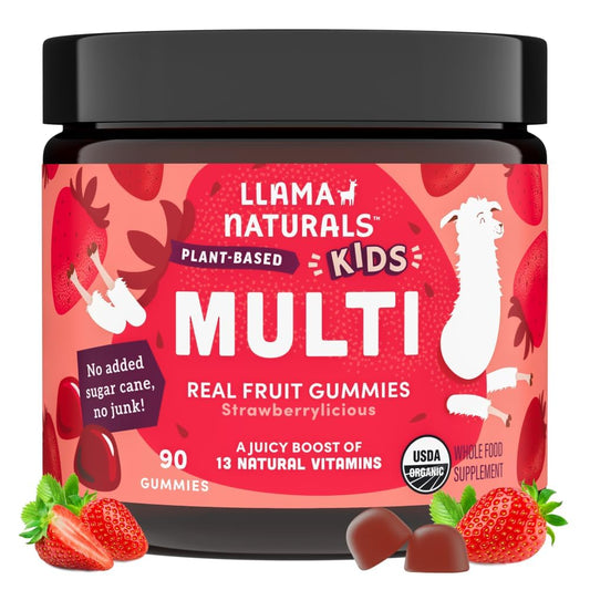 Hero image of Llama Naturals Kids Multivitamin Gummies (90 count) showing vegan, organic strawberry gummies
