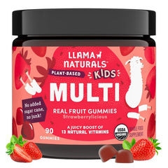 Hero image of Llama Naturals Kids Multivitamin Gummies (90 count) showing vegan, organic strawberry gummies