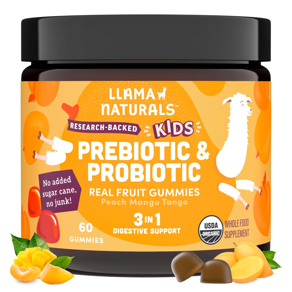 Bottle of Llama Naturals Kids Probiotic with Prebiotic Fiber Peach Mango 60 Count
