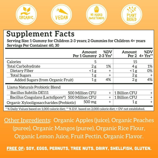 Close up of peach mango probiotic gummies for kids